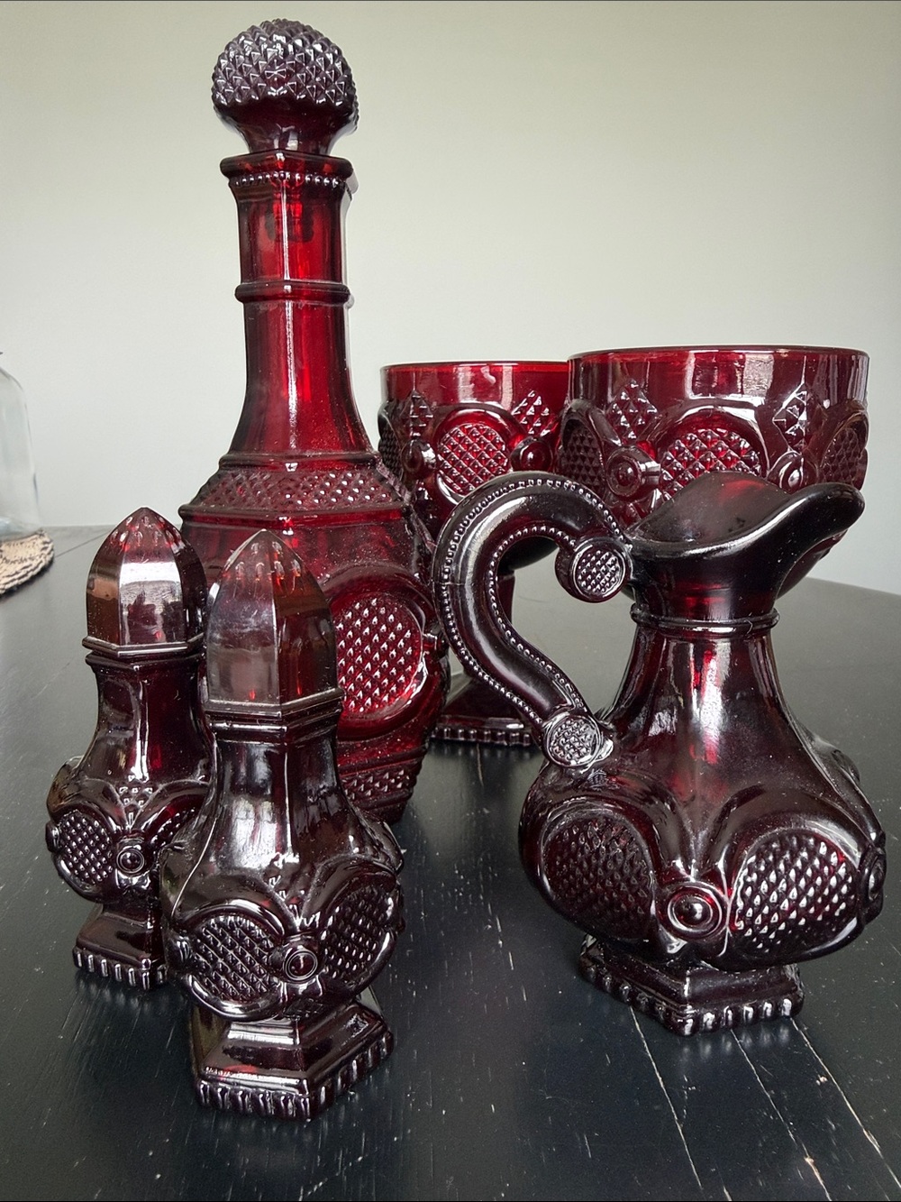 Vintage Ruby Red Glass Decanter and Goblet Set
